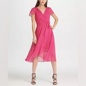 DKNY hi low belted chiffon dress with flutter sleeves
